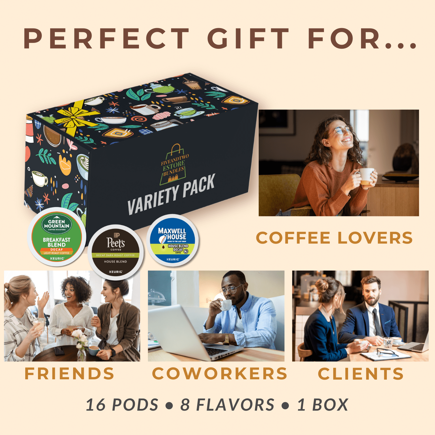 Decaf Coffee Pods Variety Pack - 16 K Cups, 8 Flavors - Includes Starbucks, Dunkin, Peet's, Green Mountain & More - Giftable Decaf K Cups Sampler for Keurig in Glossy Box, Perfect for All Occasions