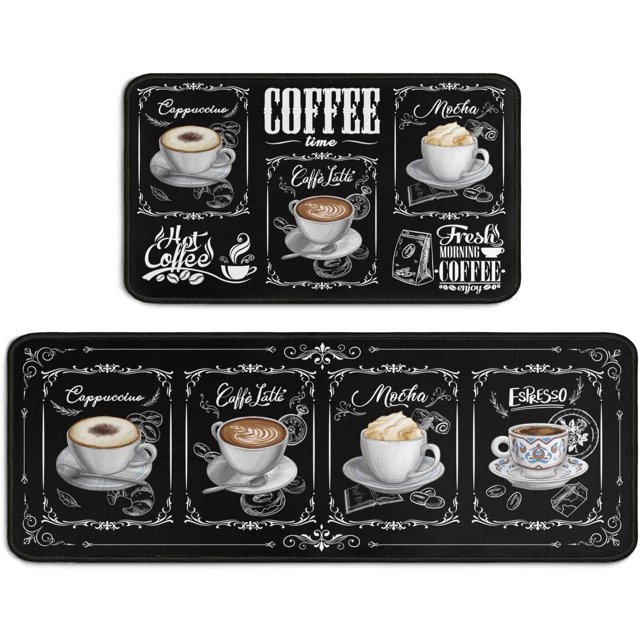 2 Piece Coffee Kitchen Rug Set, Home Farmhouse Black Kitchen Rugs and Mats, Washable Non Skid Absorbent Microfiber Kitchen Floor Decor Mat 17"x 47"+17"x 30"