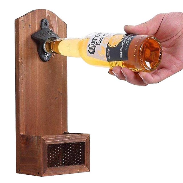 Abridor de botellas, pared de madera vintage montada con recolector de tapas