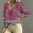 thumbnail image 4 of Womens 3/4 Length Sleeve Tunic Tops Women's V-Neck Abstract Geometric Print Drawstring Ruffle 3/4 Sleeve Summer Casual Flowy Tops, 4 of 5