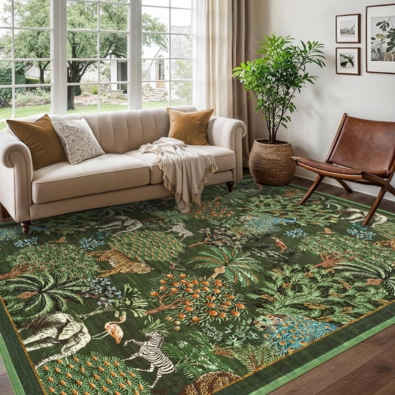 5x7 Runner Rug for Hallway, Washable Floral Throw Rug, Modern Jungle Animal Non Slip Indoor Mat, for Entryway, Laundry, Kitchen, Dark Green