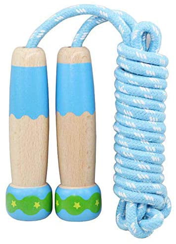 Childrens Colorful Jump Rope Adjustable with Wooden Handel and Woven Cotton 