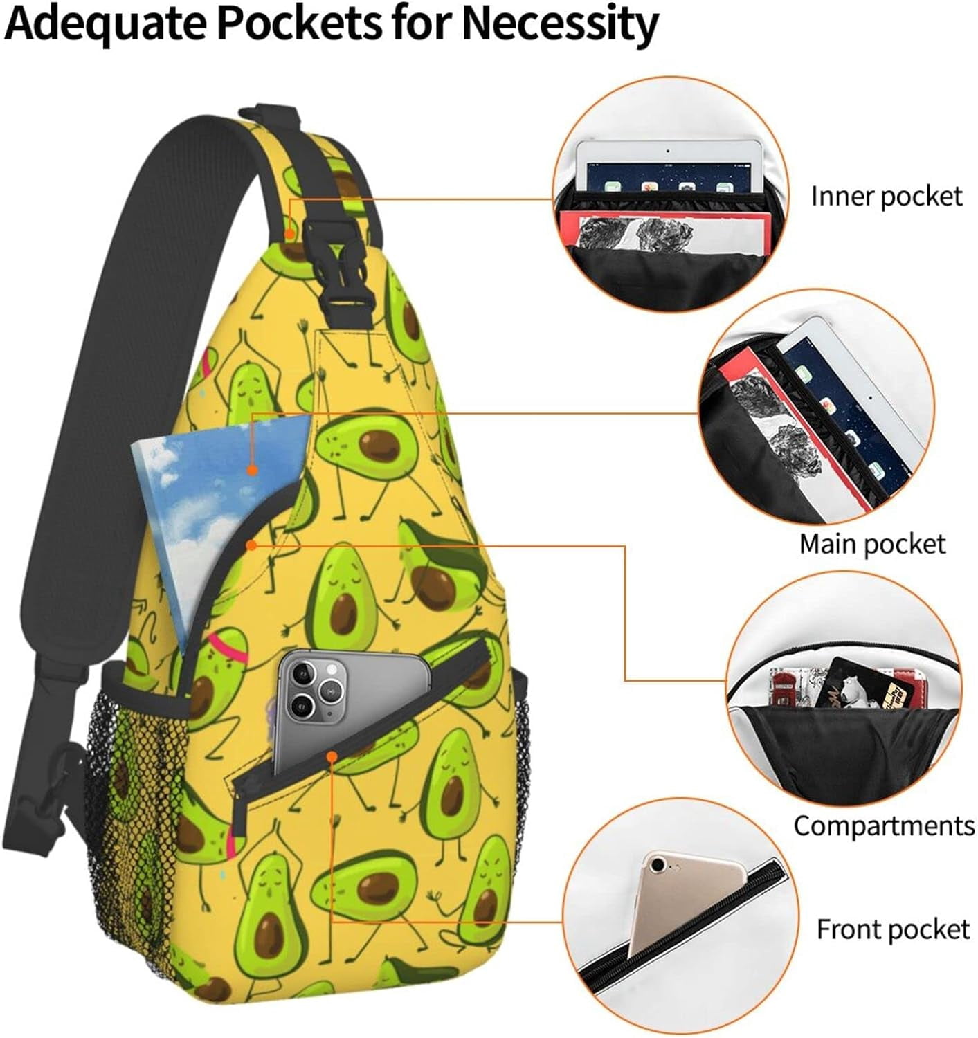 Avocado doing exercise Sling Bag Crossbody Hiking Travel Chest Bags Backpack Shoulder Daypack for Women Men