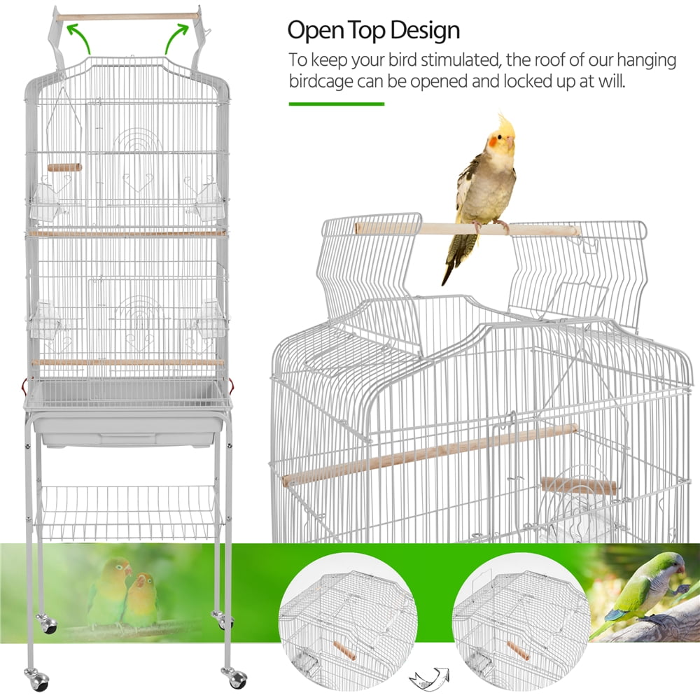 Alden Design 64" Large Rolling Metal Bird Cage with Open Top, Light Gray