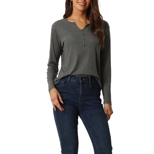 INSPIRAR CHIC Ropa de dormir para mujeres, camiseta de cuello en V, de canalé, para estar en casa, de manga larga, color gris