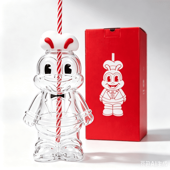 Jollibee Glass Tumbler for Iced Coffee, Cute 3D Mascot Character Cup with Straw, Clear Drinkware with Striped Straw and Gift Box