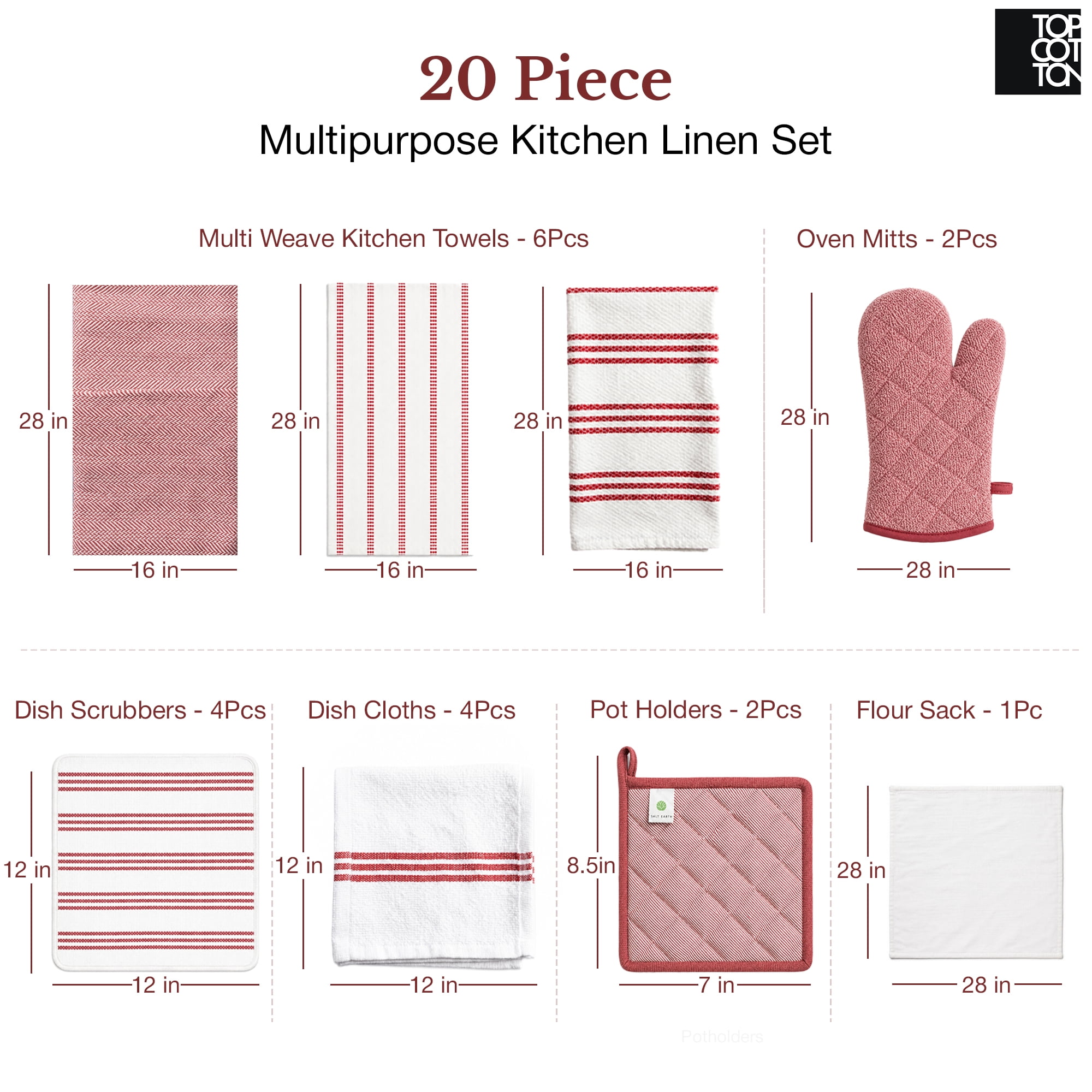 Top Cotton 20 Piece Kitchen Linen Set, Cotton Kitchen Towels, Dishcloths, Apron, Oven Mitts and Pot Holders (Maroon)