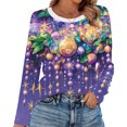thumbnail image 2 of Mardi Gras Shirts Womens Sparkly Feathers Print Crew Neck Graphic Tee Carnival Long Sleeve Purple T Shirts Yellow S, 2 of 6
