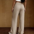 thumbnail image 3 of Textilo Womens Summer Casual Striped Pants Wide Leg Drawstring Pant with Pockets Elastic Waist Trousers Summer Beach Vacation Comfy Lounge Boho Clothes,Khaki 2XL, 3 of 5