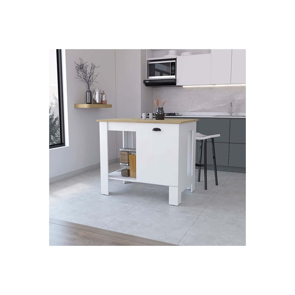 FM FURNITURE Lander Kitchen Island with Single Door and Lower Open Shelf