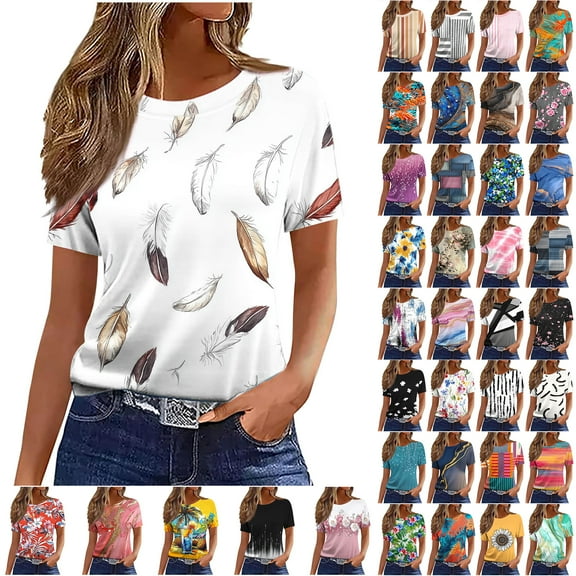 JTZGDY Cute Summer Tops for Women Dressy Casual Short Sleeve Tie Dye Color Block Pattern Printed Crewneck T-Shirts Loose Oversized Comfy Graphic Tunic Blouse White#01 L