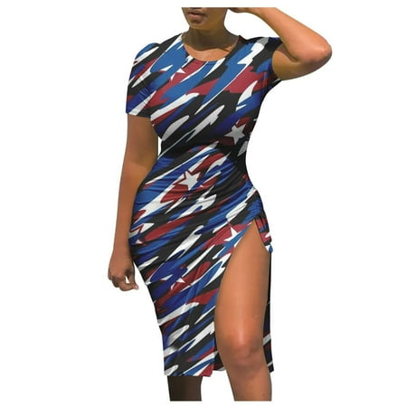 

4th of July Dress for Women Summer American Flag Printed Crew Slim Fit Dresses Cropped Ball Gown Short Sleeve Tunic Slit Hip Dress