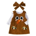 thumbnail image 4 of Xudanell First Birthday Outfit Girl Cute Halloween Baby Outfits Ruffle Pumpkin Frill Long Sleeve Overall Dress Set with Headband Brown 0-3 Months, 4 of 6