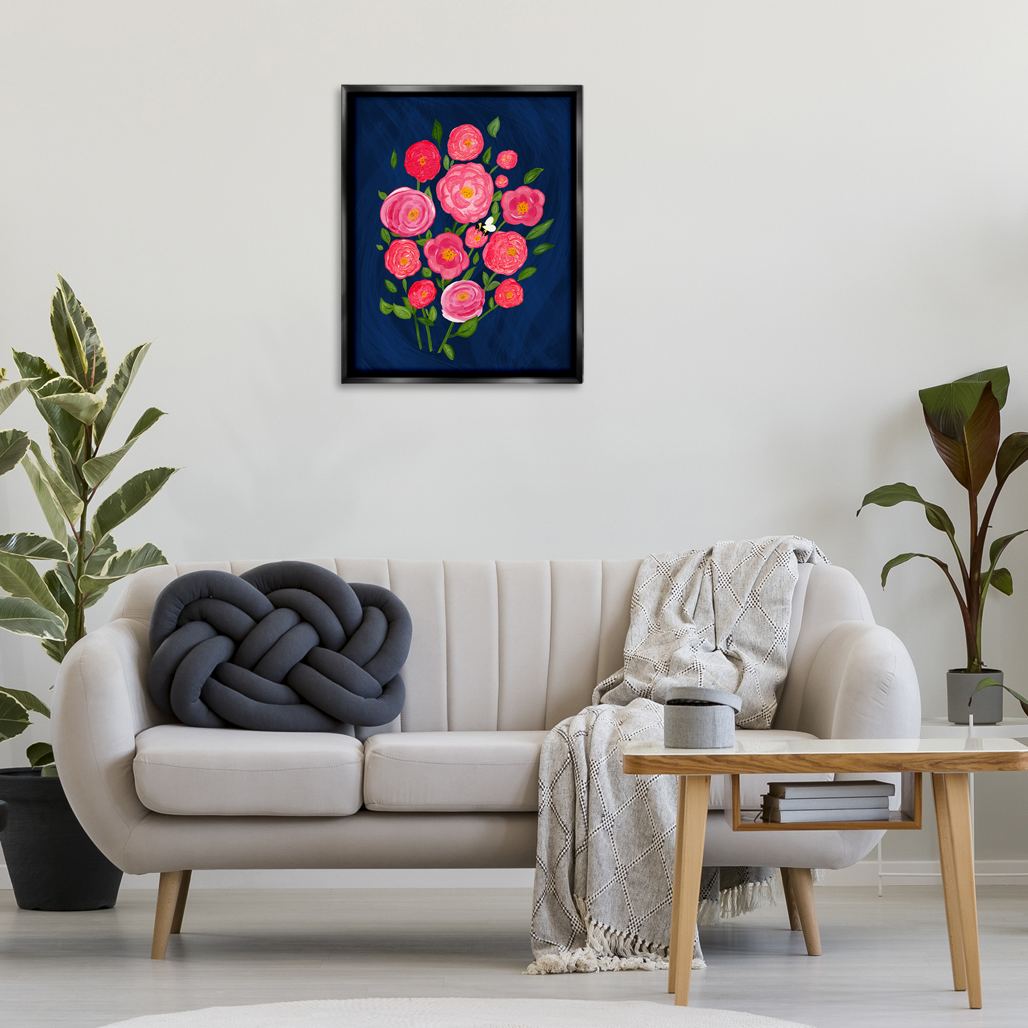 Stupell Industries Pink Poses Bunches Plants & Flowers Painting Black Floater Framed Canvas Art Print Wall Art, 25 x 31