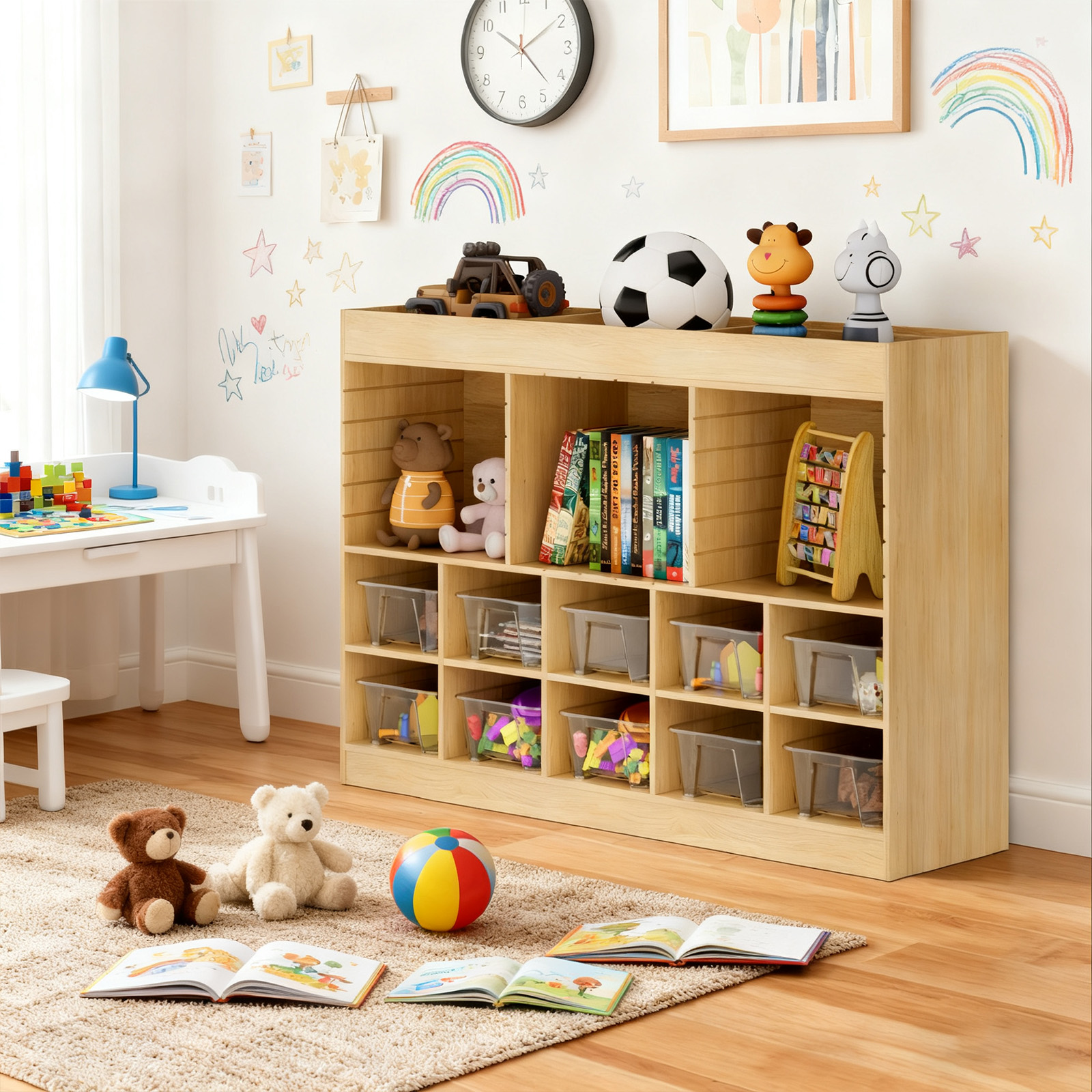 Advwin Wooden Classroom Storage Cabinet with Adjustable Shelves, 10 Cubbies, Removable Dividers & Anti-Tip Kit, Toy Storage Bookshelf for Preschool, Daycare, Home School