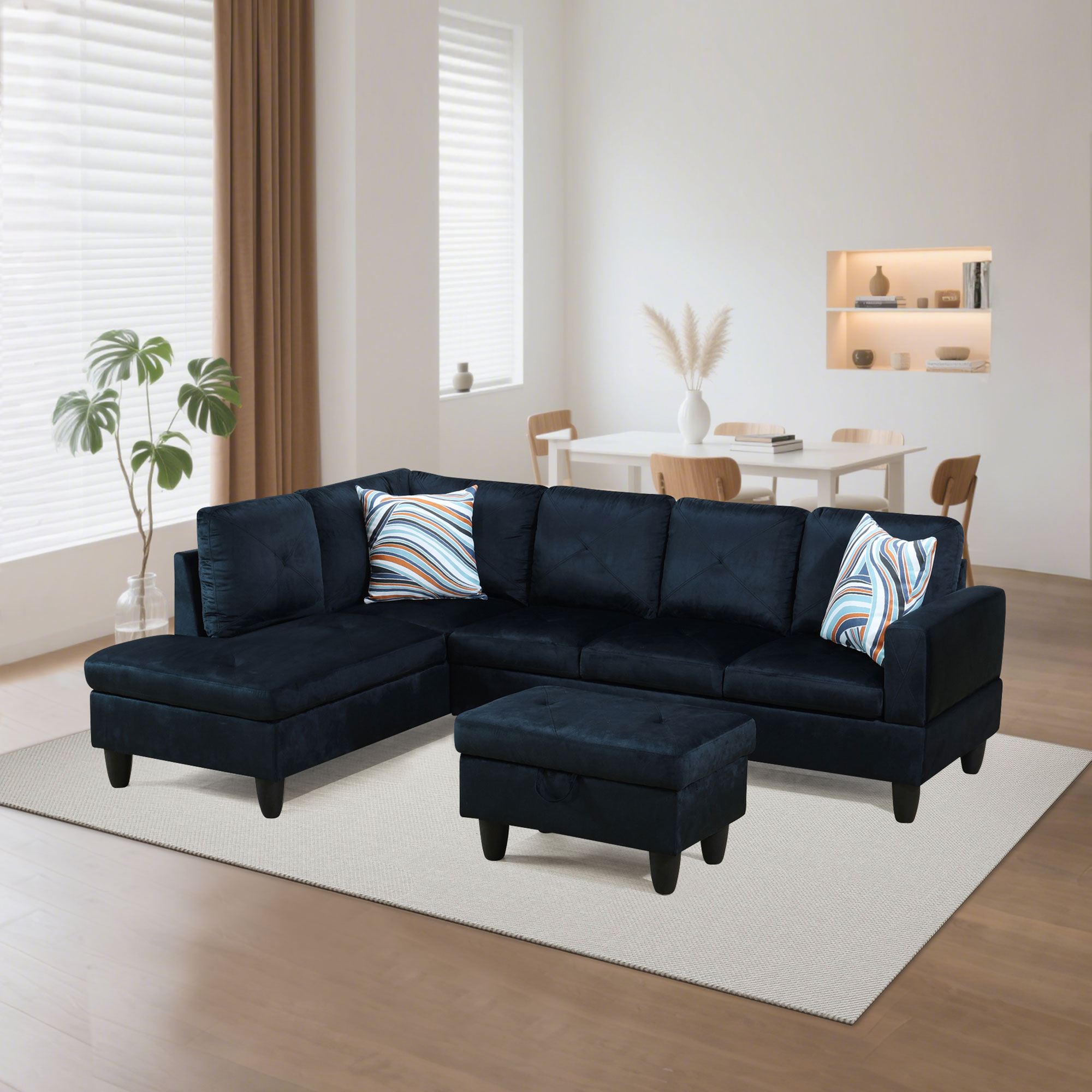 Prilinex Modern Living Room Furniture Sets, Modular Sectional Couches with Chaise Lounge, 4-Seaters L Shape Sofa with Storage Ottoman,3-Piece Sofa Set, Microfiber, Midnight Blue