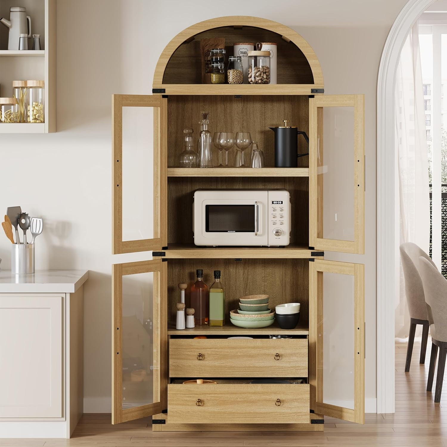 Arched Kitchen Pantry Storage Cabinet with 2 Drawers, 71-Inch Tall Farmhouse Wood Bookcase with 4 Doors for Kitchen Dining Room Bathroom