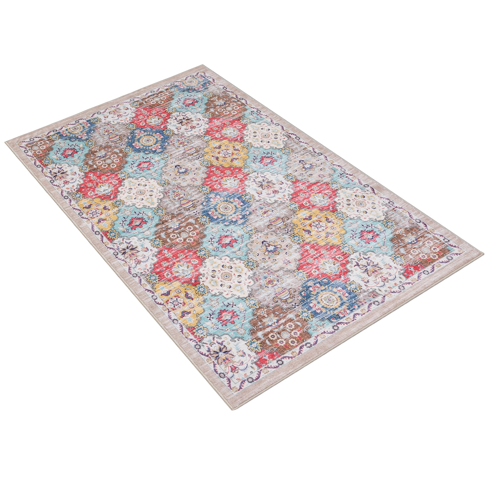 Toyoso 3x5 Area Rug Living Room Rugs - Washable Vintage Floral Soft Thin Large Rug Indoor Floor No Slip Rug Carpet for Bedroom Under Dining Table Home Office Decor - Multi Red