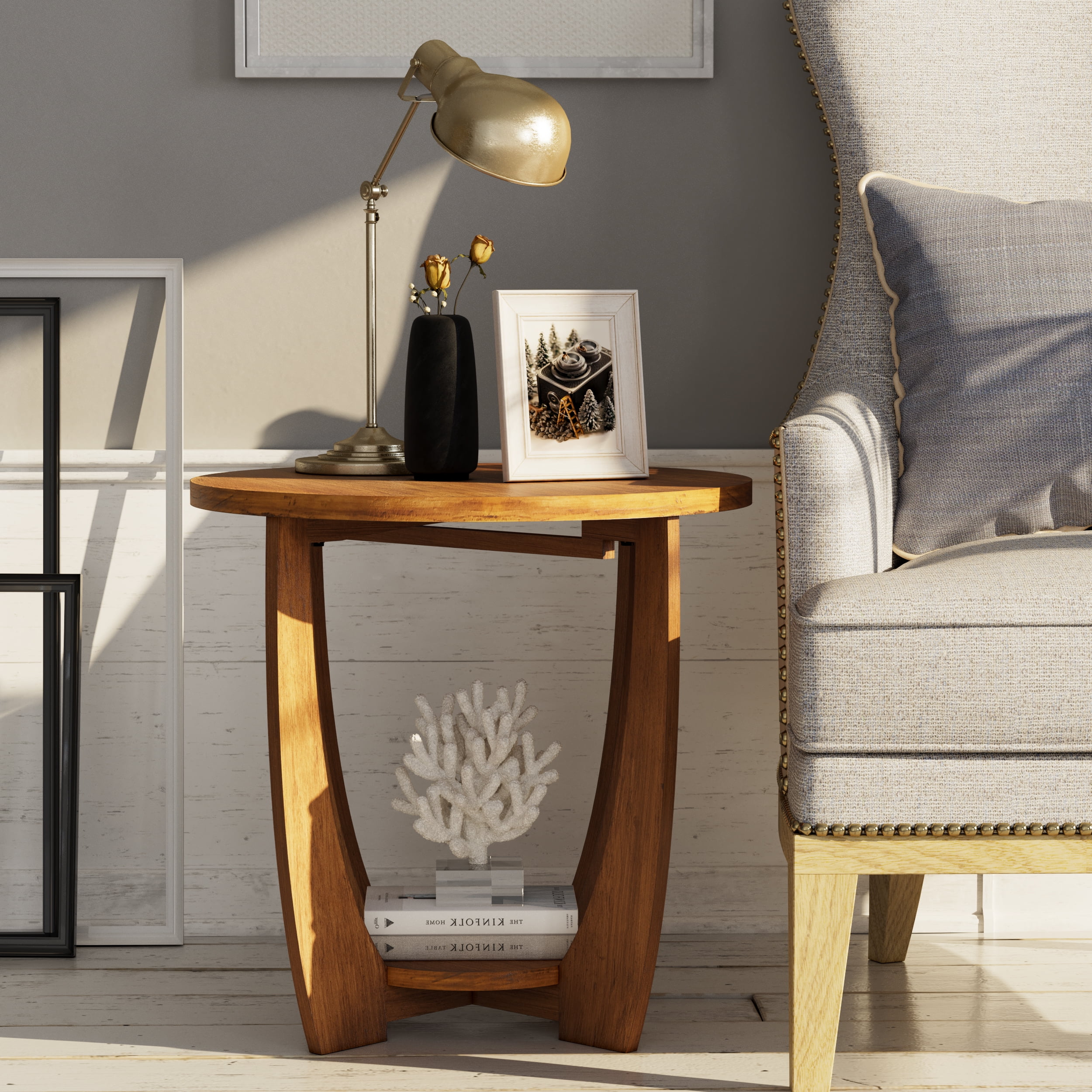 COZAYH Modern Rustic Farmhouse Stability Medium Density Fiberboard Circle End Table, Brown