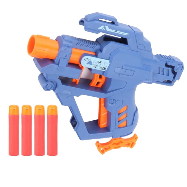 juguete de arma bláster para niños, transmisor de 10 m, dardos suaves, regalos de cumpleaños, accesorios de juego — bláster lateral 3/4 azul y naranja en ABS con empuñadura y guardamonte, cañón y gatillo naranjas, y corredera simulada; incluye cuatro dardos de espuma roja con puntas naranjas; tamaño aprox. 23 x 4.5 x 22 cm, funciona sin baterías y recomendado para edades 7-14 años; también adecuado para juegos de puntería y práctica de coordinación mano-ojo.