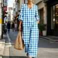 thumbnail image 4 of Mifsaly Lounge Wear for Women 2 Piece Set Plaid V Neck Bell Sleeve Top and Relaxed Wide Leg Pants Comfortable Everyday Casual Matching Outfits with Pockets Sky Blue,L, 4 of 7