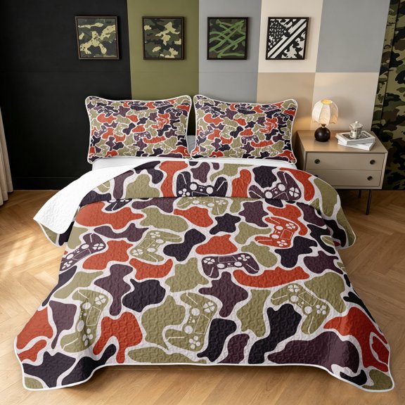 Manfei Farmhouse Camo Twin Quilt Set, Game Controller Twin Coverlet Set, Rust, 2-Piece, 1 Bedspread and 1 Pillowcase