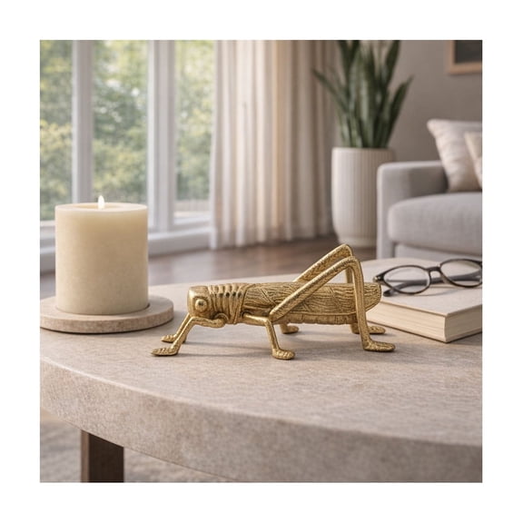 Grasshopper Figurine Home  Sculpture for Bathroom Decor - Modern Display for Office, Shelf and Coffee Table Styling - Metal Accent Ornament in Boho Style for Console, Mantel, and Tabletop - 6", Gold