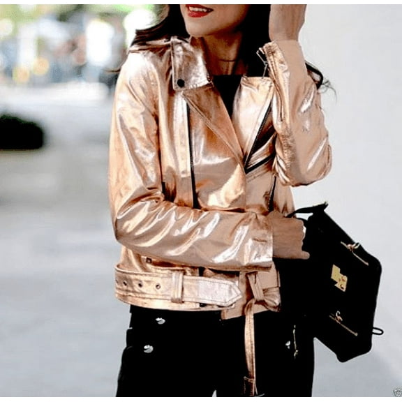 Noora New Women's Lambskin Rose Gold Leather Belted Biker Jacket With Black Zipper & Snap | Shiny Leather Jacket SU0852