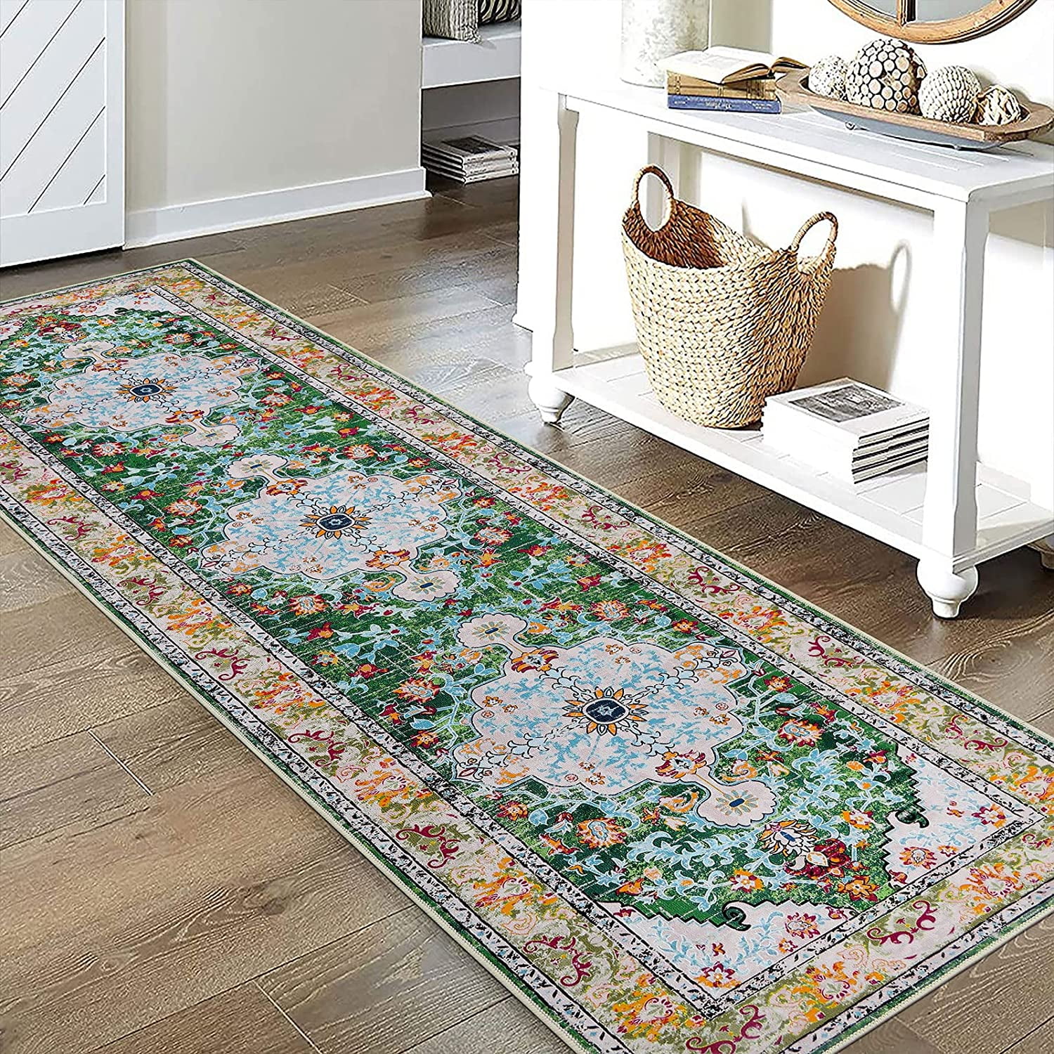 Findosom 2'x8' Vintage Boho Runner Rug Washable Non-slip Area Rug,Hallway Indoor Farmhouse Bedroom Kitchen Living Room Non Shedding Runner, Contemporary Low Plie Floor Carpet Doormat,Green