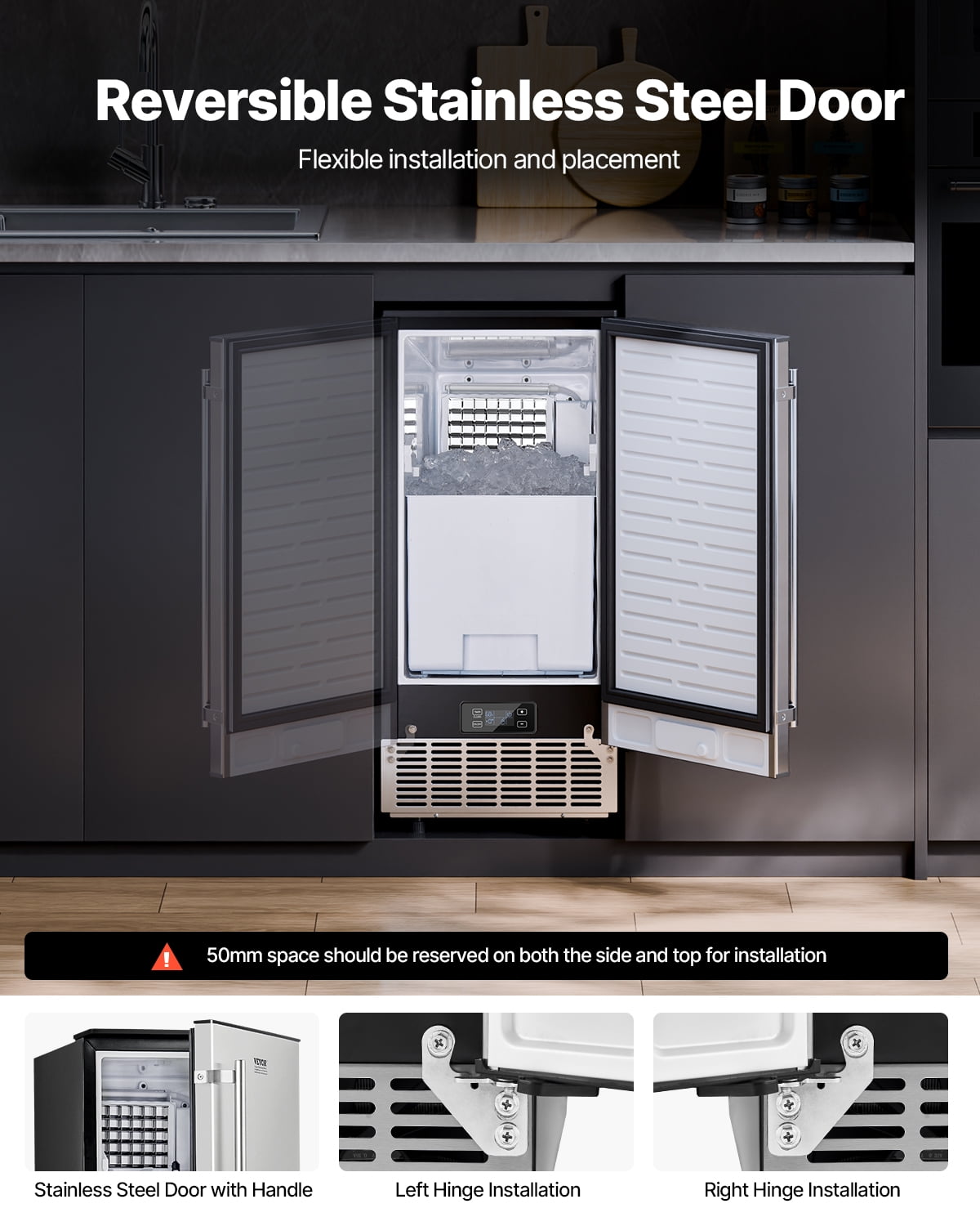 KFFKFF Inbuilt Ice Producer, 80 Lbs/Day Sub-Counter Ice Creation Device with Interchangeable Door Stainless Steel, Standalone Ice Generator for Domestic Commercial Kitchen, Electric Drainage