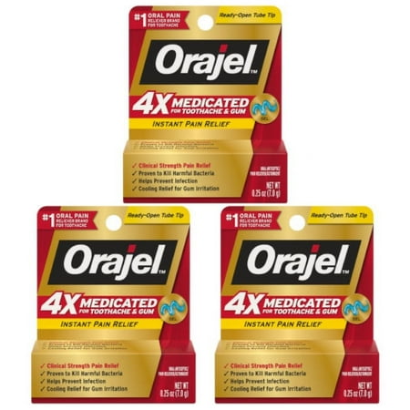 Orajel 4X Medicated For Toothache & Gum Relief, Cooling Gel, 0.25 oz (Pack of 3)