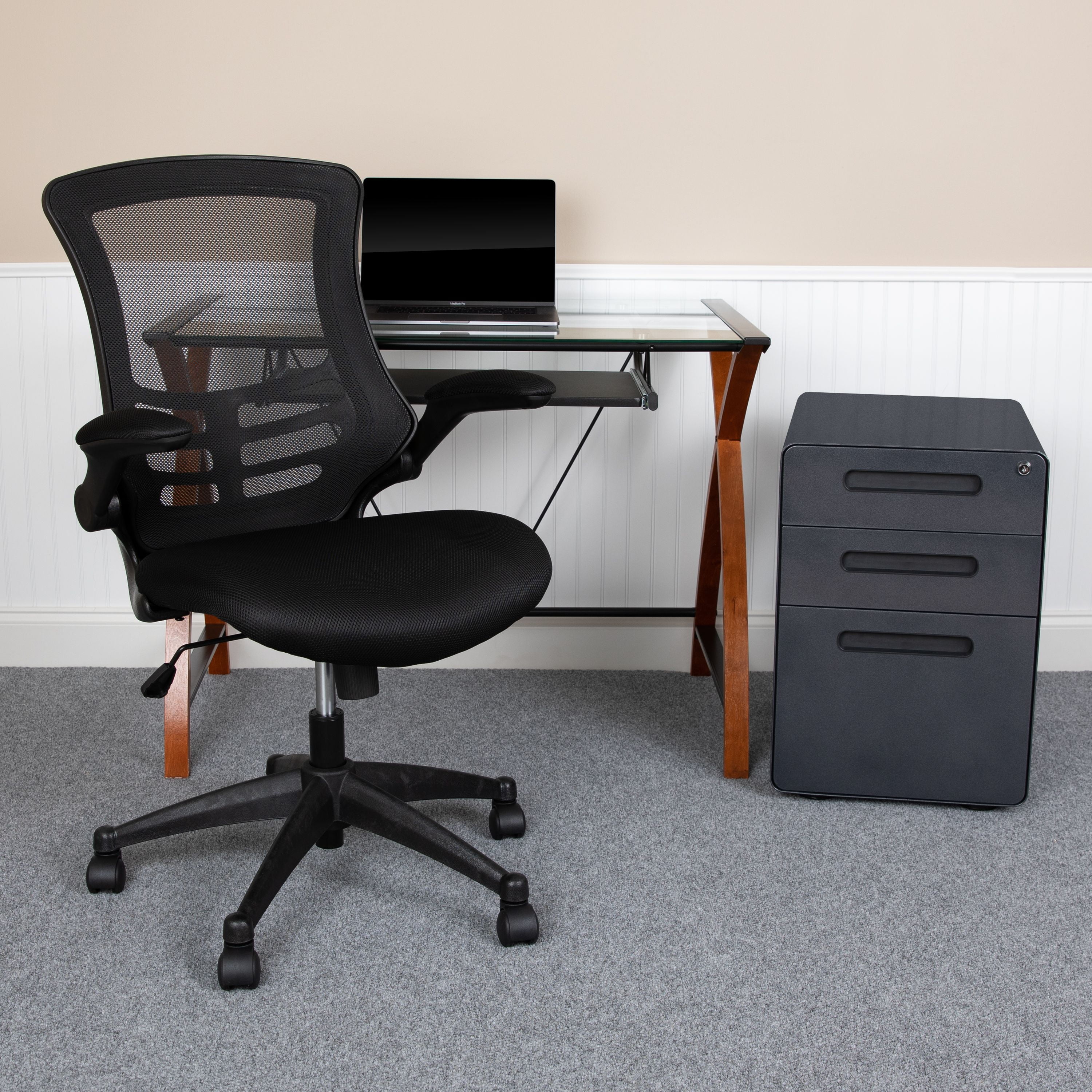 Work From Home Kit Glass Desk with Keyboard Tray, Ergonomic Mesh Office Chair and Filing