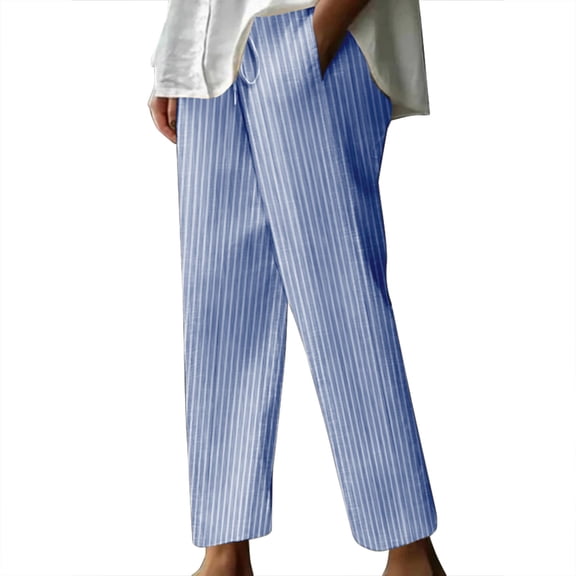 Womens Pants Casual Linen Pants Home Wear Striped Solid Lightweight Spring Summer Trousers Relaxed Fit Blue XXXL