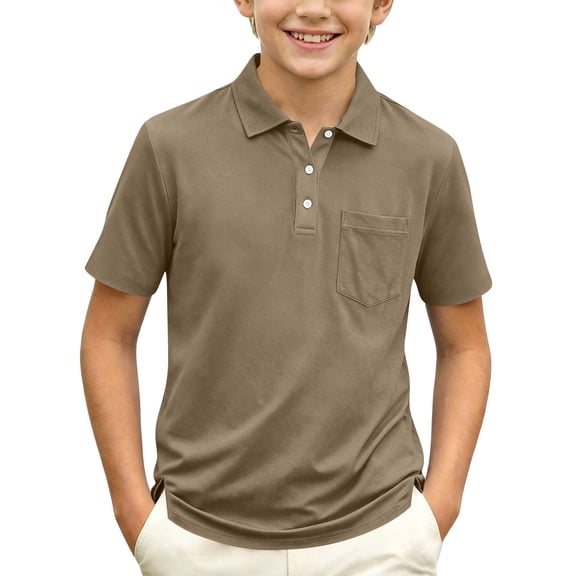 Domuza Polo Shirt for Kids Girls Lapel Short Sleeve Casual Button Tshirts Comfy Soft Quick Dry Sport Golf School Uniform-Light Brown 3-4 Years