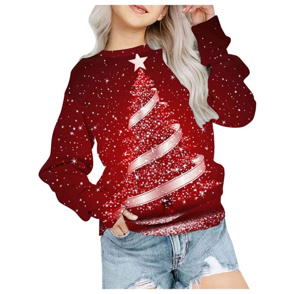 Zanarzt Kids Long Sleeves Cotton T Shirt Girls Sweatshirt Autumn and Winter Long Sleeve Christmas Top Round Neck Childrens Sweatshirt Brick Red,3-4 Years