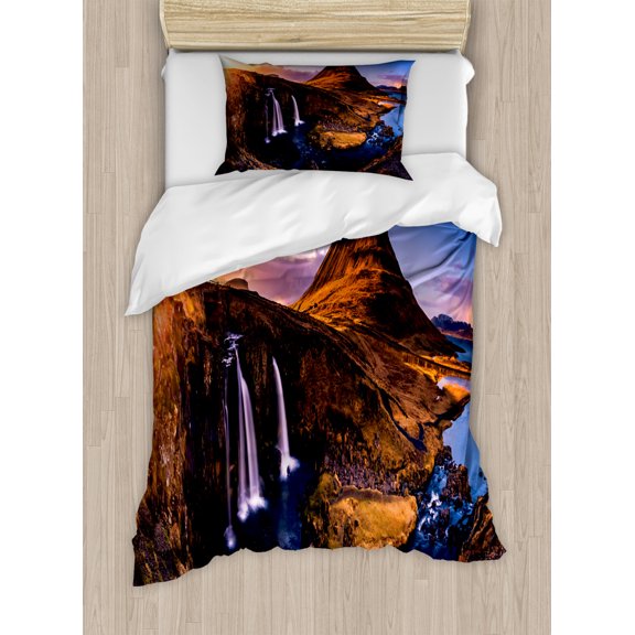 Iceland Duvet Cover Set Twin Size, Kirkufjell Mountain in Snaefellsjoekull National Park European Heritage Icelandic, Decorative 2 Piece Bedding Set with 1 Pillow Sham, Multicolor, by Ambesonne