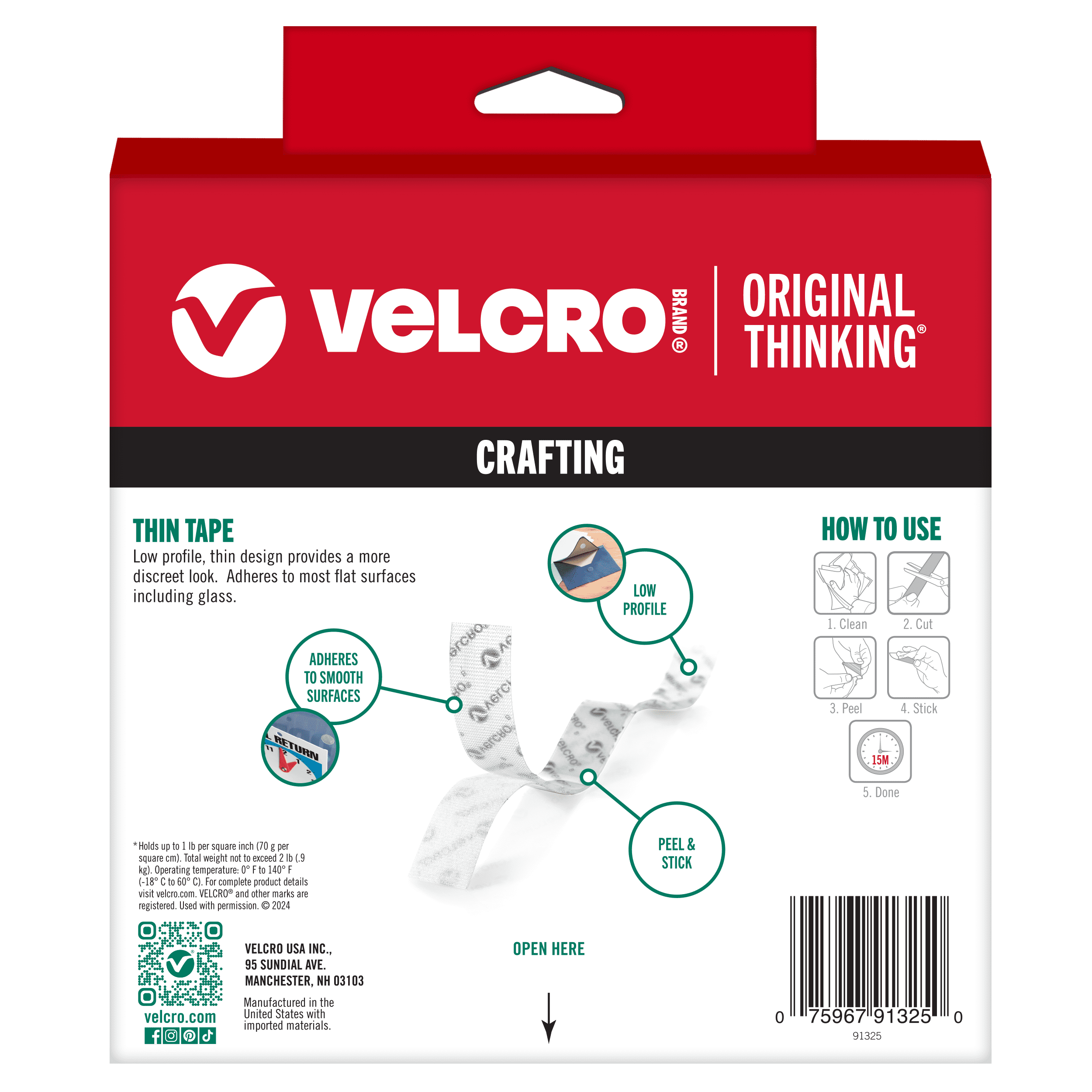VELCRO Brand Thin General Purpose Tape - 15 Ft x ¾” - Cut Strips to Length - Home Office or Crafts Fastening Solution - Large Roll, 91325