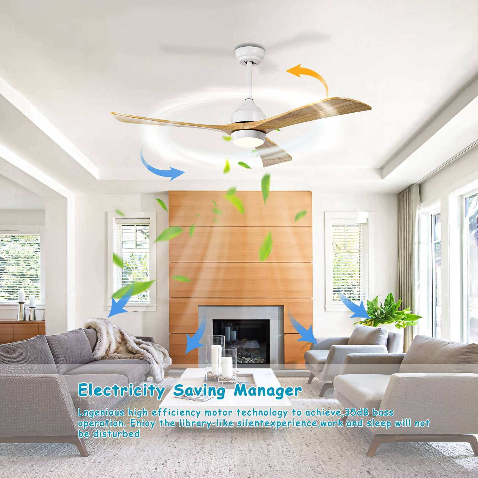 Leumius 52" Solid Wood Blades Ceiling Fan with Light and Remote Control,Quiet DC Motor 3 Blade Ceiling Fans 6 Speed Levels,Reversible for Patio Living Room Bedroom Office White+Natural