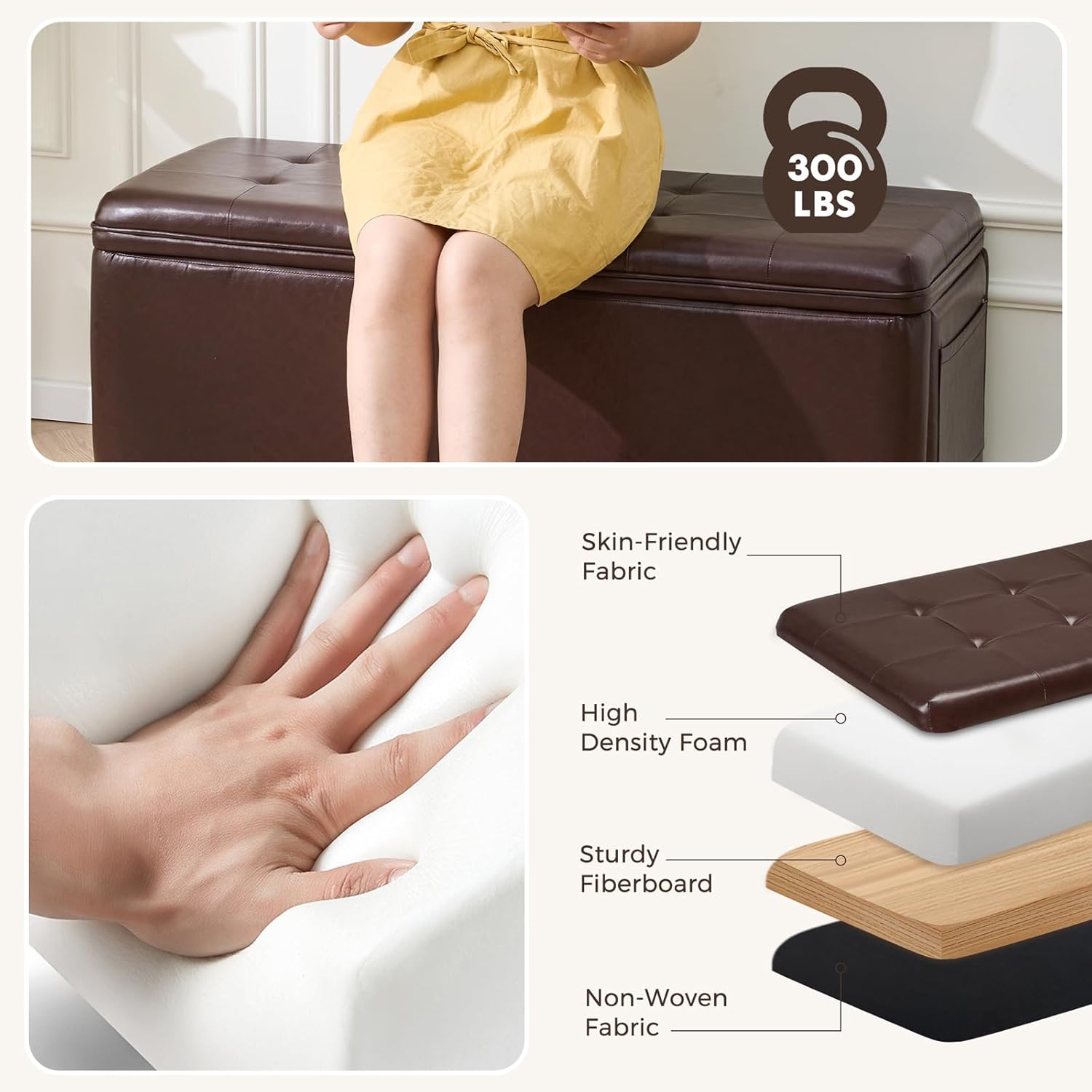 45 Inch Storage Ottoman Bench, Bench for Bedroom End of Bed, Ottoman with Storage for Living Room and Entryway (PU-Brown)