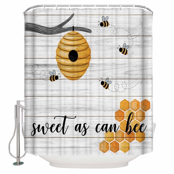 Farmhouse Bee Bathroom Shower Curtains with 12 Hooks Polyester Waterproof Shower Curtain for Stalls and Bathtubs Pastoral Country Bee Grey Wooden Decorative Bathroom Privacy Curtain 48x72 Inches