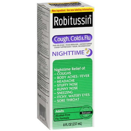 Robitussin Nighttime Cough, Cold & Flu Liquid, 8 Fl. Oz.