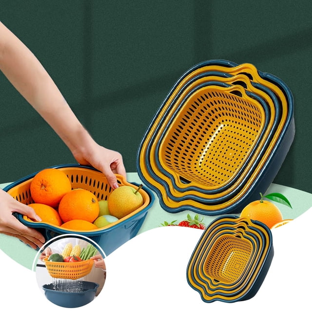 Hogar y cocina, Organizadores y almacenamiento para el baño, Lavabos de cocina de seis piezas en cesta de doble capa, cesta de lavado de plástico multifuncional para verduras y frutas, cesta de lavado
