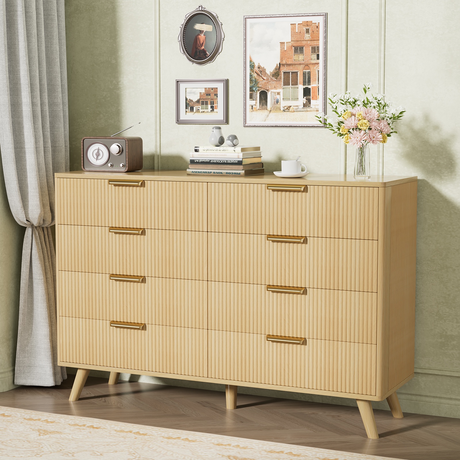 Fluted 8 Drawer Dressers for Bedroom, Wide Wooden Chest of Drawers for Living Room Entryway Hallway, Oak