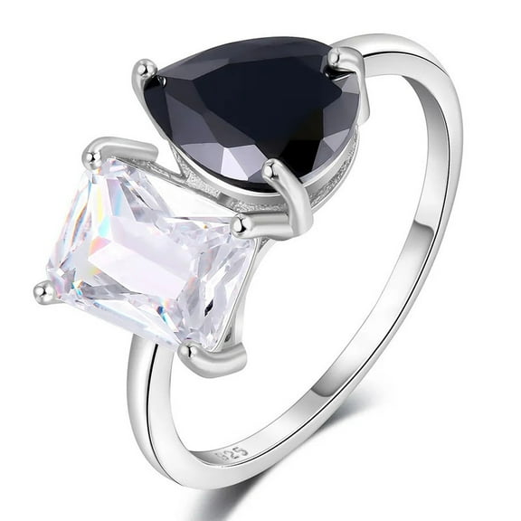 Emerald and Pear-Cut Lab-Created Black Onyx and Moissanite Toi Et Moi Engagement Ring in 925 Sterling Silver – Bold and Elegant Dual-Stone Design