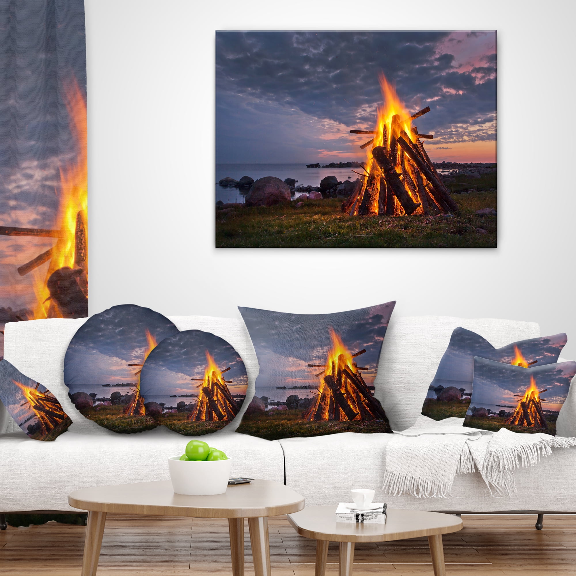 Designart Bonfire on Beach in Summer Night - Landscape Printed Throw Pillow - 12x20