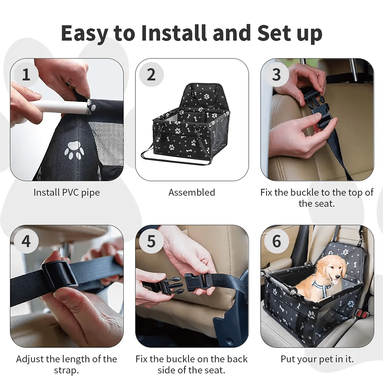 Asunby Foldable Dog Car Seat, Waterproof Dog Car Booster Seats Portable Pet Booster Travel Safety Protector for S/m Dogs, Puppies, Bones & Footprints Black