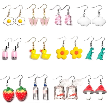 16-Pairs Fun Earrings Set - Cute Rubber Duck, Gummy Bear, Goldfish, Butterfly Designs For Women & Teens