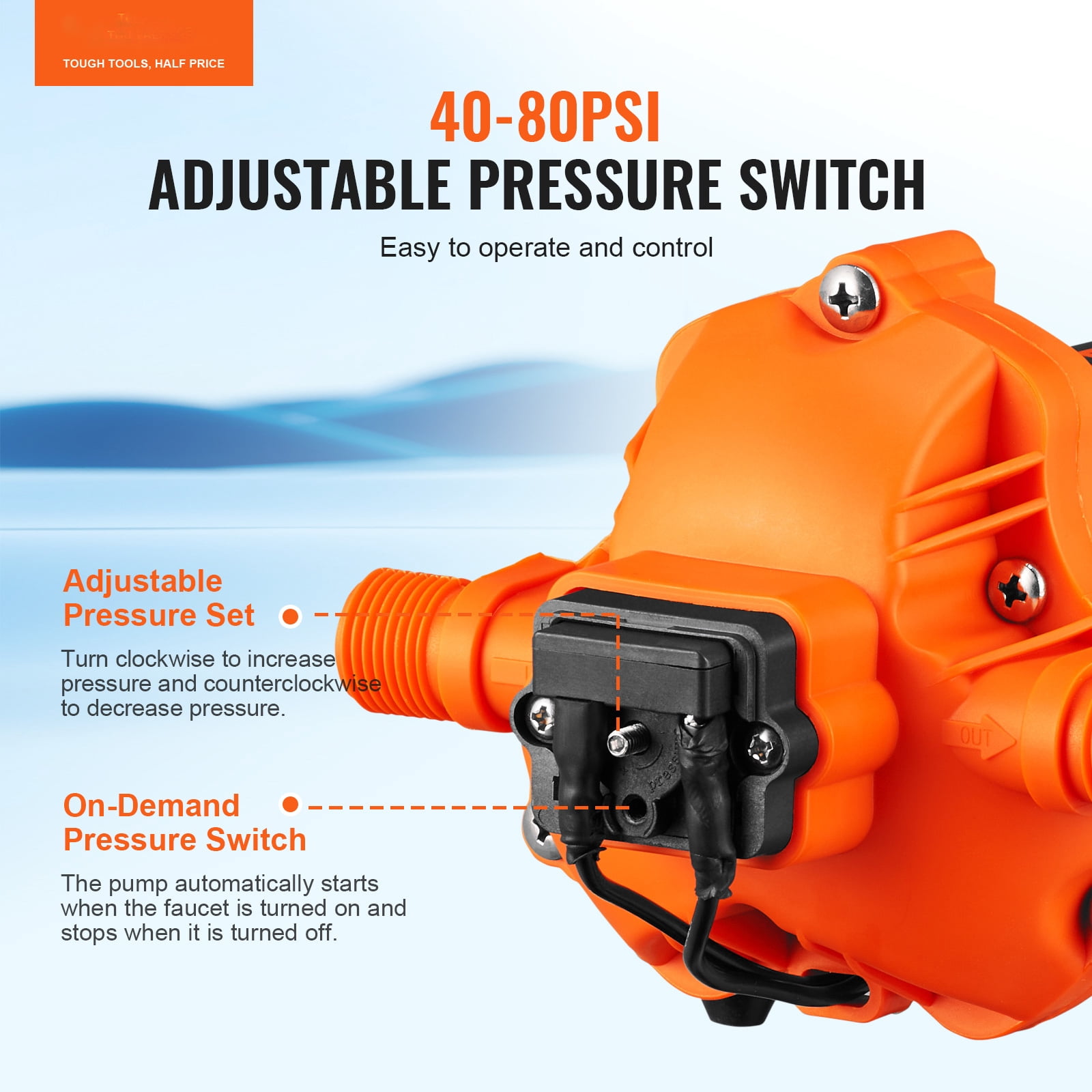 VEVOR Water Diaphragm Pump, 110V AC, 3.3 GPM Flow, 45 PSI (40-80 PSI Adjustable), 1/2" MNPT Self Priming Sprayer Pump with Pressure Switch for RV Camper Marine Boat Lawn, FCC Certified