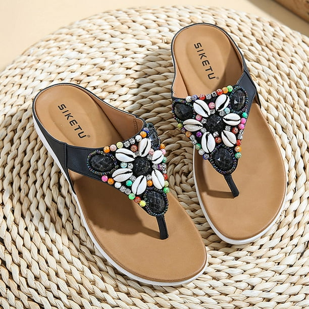 EINCcm Women s Sandals Flip Flops for Women Women s Shoes Summer Ethnic Style Slippers Beach Seaside Bohemian Retro Beaded Shell Mid Heels Sandals