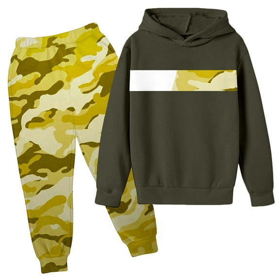 GBSYEWXS Toddler Children boys Outfits Sets Size 9-10 Years Long Sleeve Athleisure Hooded Sweatshirt Pant Camouflage Print Army Green Clothing Set